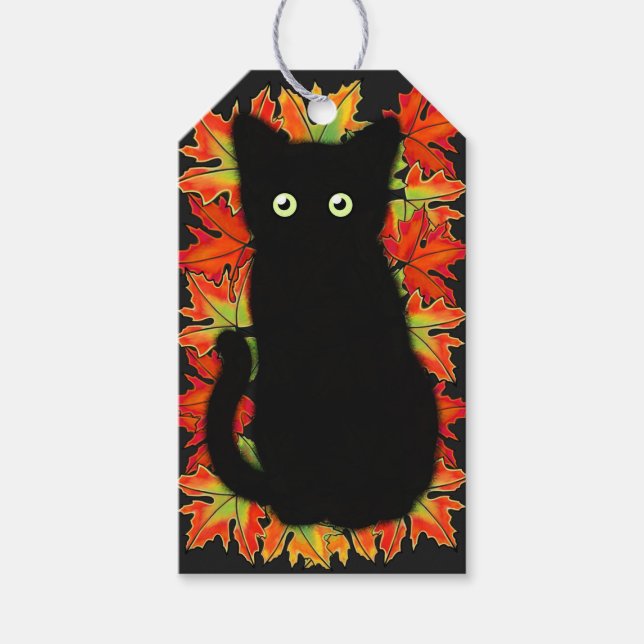 Étiquettes-cadeau Chat noir, Feuilles d'automne motif, Halloween amu (Devant)