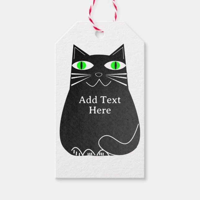 Étiquettes-cadeau Chat noir gras avec yeux verts Texte personnalisé (Devant)