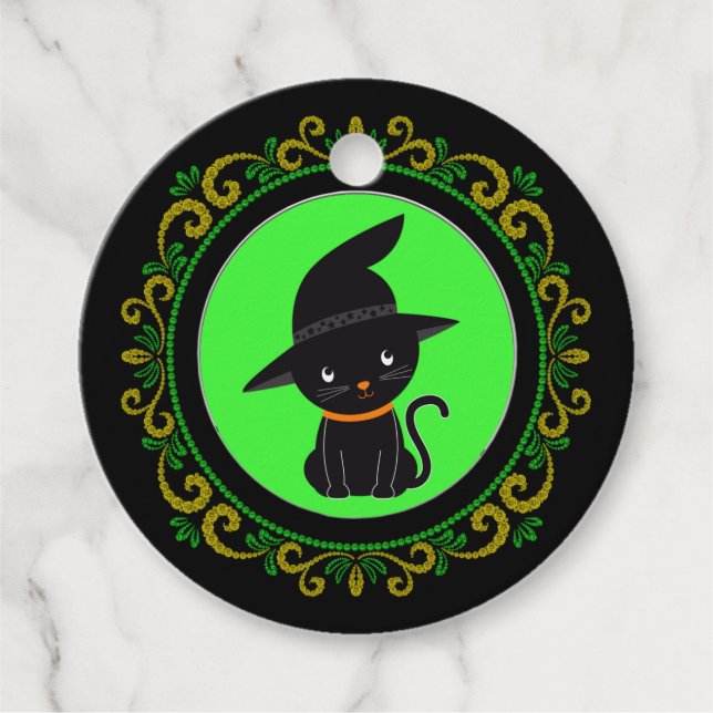 Étiquettes Cadeau Chat Noir Jaune Vert Avec Un Casquette De Sorcière (Devant)