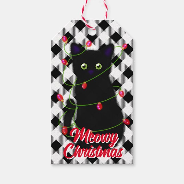 Étiquettes-cadeau Chat noir Meowy Noël scintillants en vichy (Devant)
