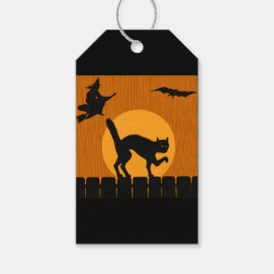 Étiquettes-cadeau Chat noir vintage Halloween, silhouette de sorcièr