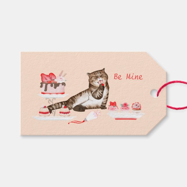 Étiquettes-cadeau Chat Valentine avec sucreries et boulangerie rose  (Devant (Horizontal))