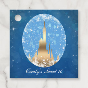 Étiquettes Cadeau Château de conte de fées bleu or scintillant enter