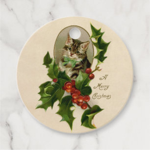 Étiquettes Cadeau Chaton de Noël victorien au milieu du houx antique