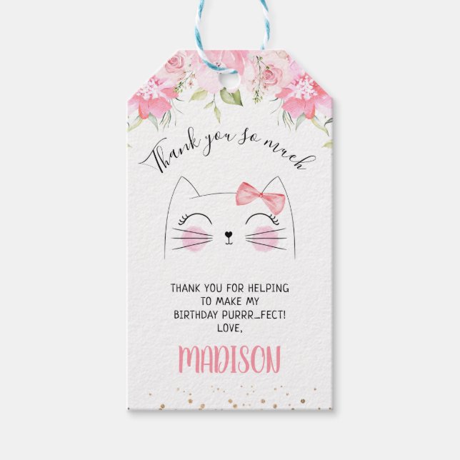 Étiquettes-cadeau Chaton rose Floral Visage Anniversaire Merci (Devant)