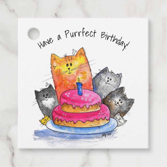 Étiquettes Cadeau Chats Whimsical avec gâteau d'anniversaire (Devant)