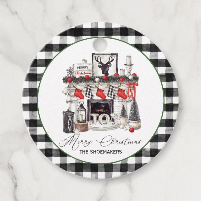 Étiquettes Cadeau Cheminée rouge Noir et blanc de Noël Bas (Devant)