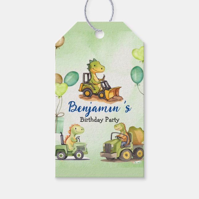 Étiquettes-cadeau Cher dinosaure de construction ballon de camion de (Devant)