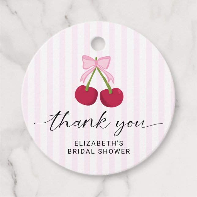 Étiquettes Cadeau Cherry On Top Bridal Shower Coquette Bow Stripes (Devant)