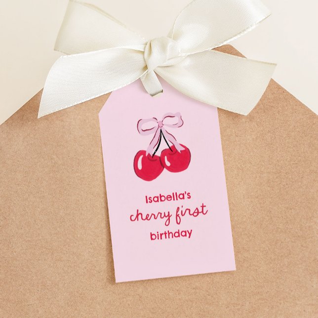 Étiquettes-cadeau Cherry Premier Anniversaire Coquette Bow Favoriser (cherry first birthday gift tag with illustrated cherries tied with a pink bow)
