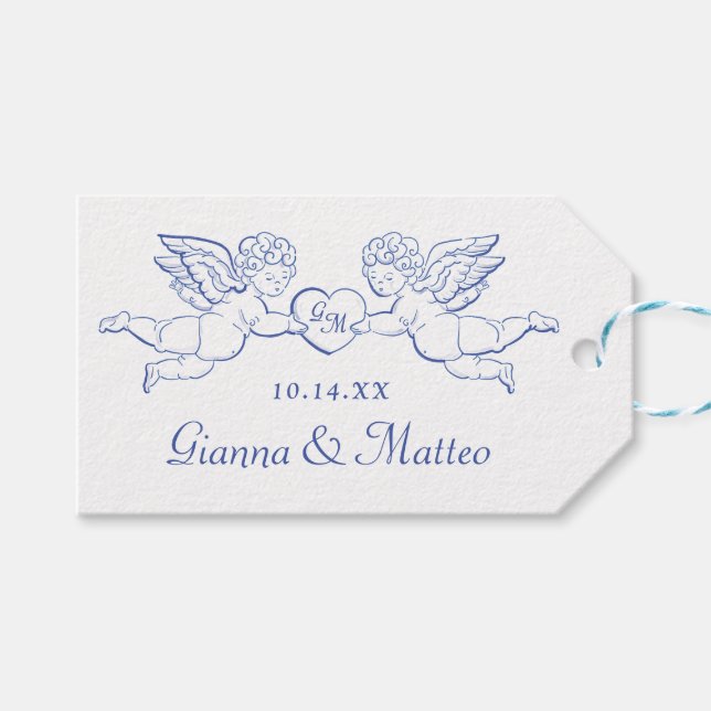Étiquettes-cadeau Cherubs Tenant Coeur Couple Cupids Initiales (Devant (Horizontal))
