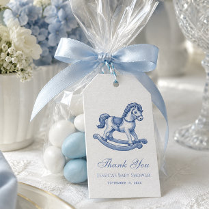 Étiquettes-cadeau Cheval à Bascule Bleu Merci Baby Shower Vintage