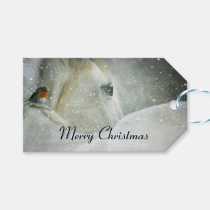Étiquettes-cadeau Cheval blanc et oiseau dans une neige hivernale No