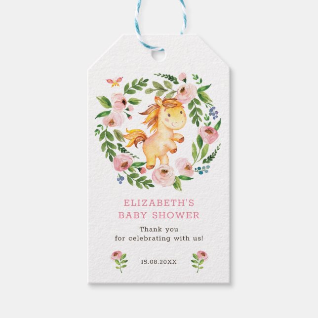 Étiquettes-cadeau Cheval de bébé rose rose fleuri Douche (Devant)