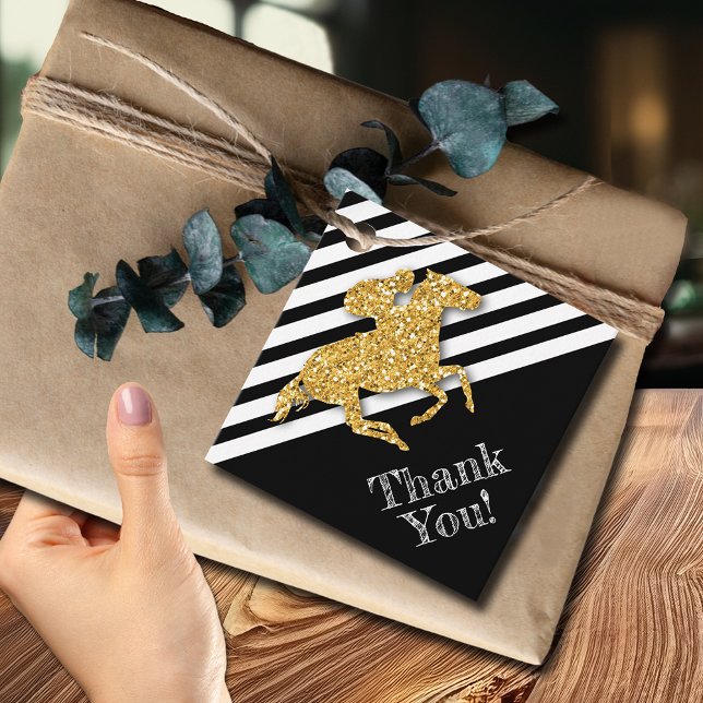Étiquettes Cadeau Cheval de course doré sur rayures noires (Gold racehorse on black and white stripes diamond favor tags)