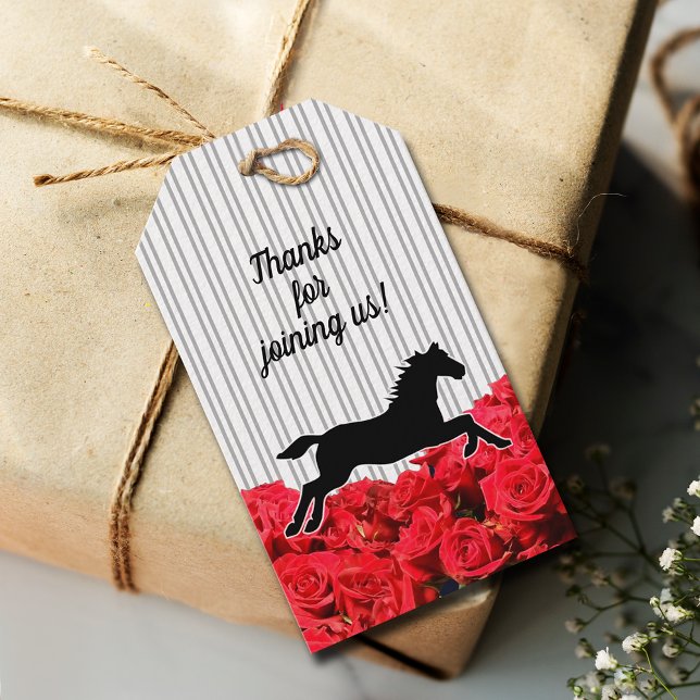 Étiquettes-cadeau Cheval de course Parti de Derby de Roses Rouges  (Derby themed favor tags 3.5"l x 2"w, set of 10 with pre-punched hole, choice of twine color.)
