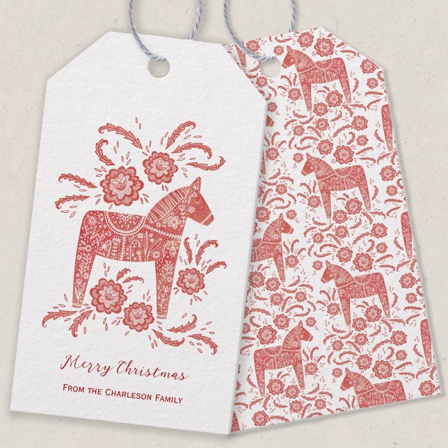 Étiquettes-cadeau Cheval de Dala suédois Rouge (Swedish Dala horse red and white Merry Christmas personalized gift tag)