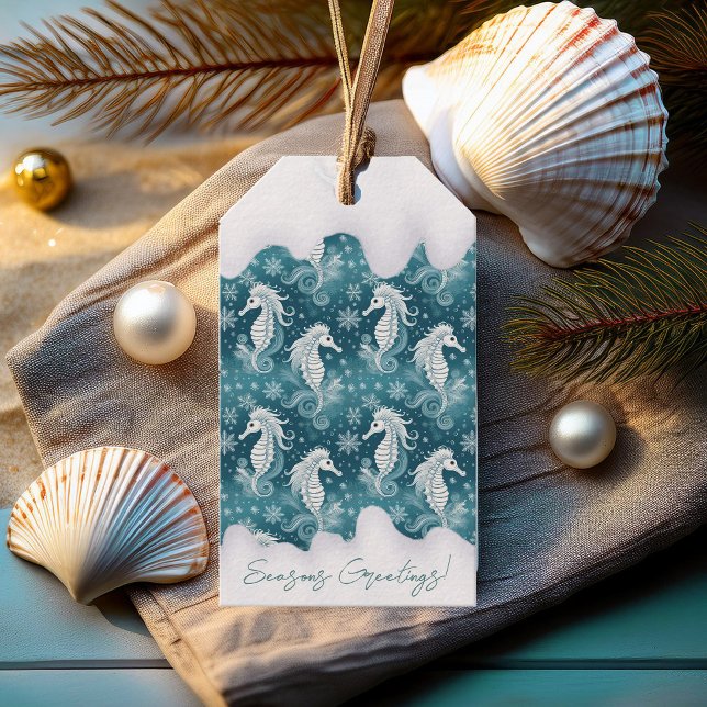 Étiquettes-cadeau Cheval de mer et flocons de neige de Noël côtier # (Créateur téléchargé)