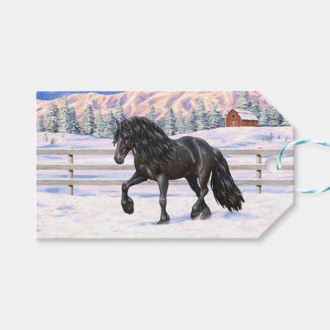 Étiquettes-cadeau Cheval Noir Friésien En Neige (Devant (Horizontal))