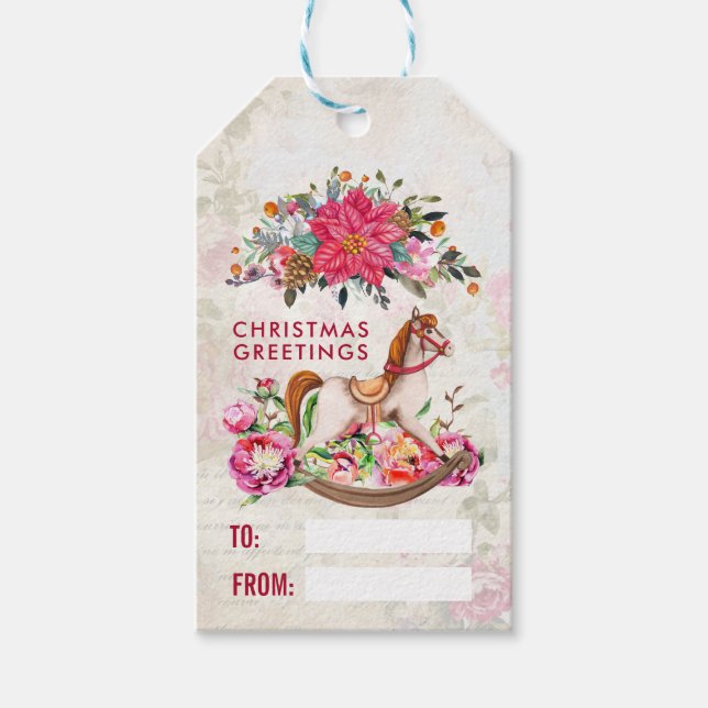 Étiquettes-cadeau Cheval rocheux victorien et Poinsettia Noël (Devant)