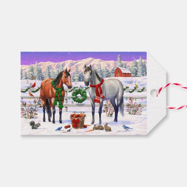 Étiquettes-cadeau Chevaux de Noël en neige (Devant (Horizontal))