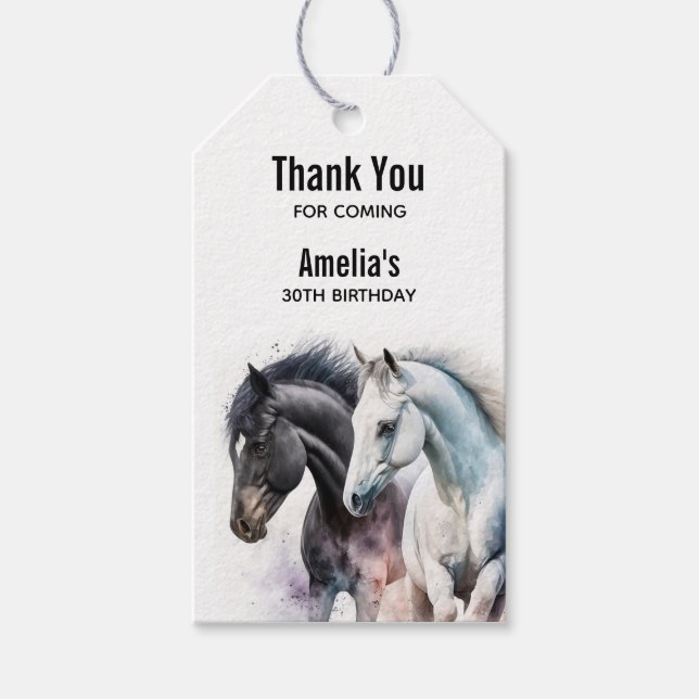 Étiquettes-cadeau Chevaux noir et blanc dans l'aquarelle Merci d'évé (Devant)