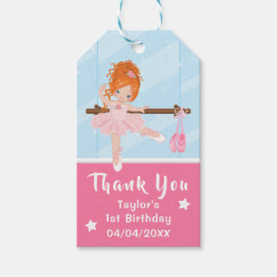 Étiquettes-cadeau Cheveux rouges Ballerina rose Merci d'anniversaire