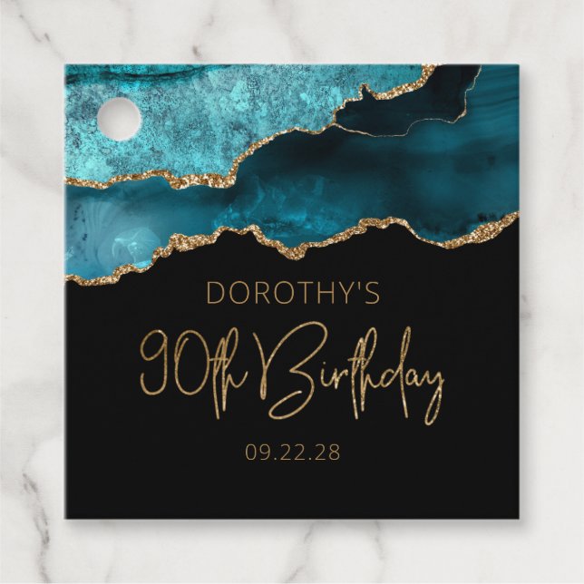 Étiquettes Cadeau Chic Agate Geode Gold Turquoise 90e fête d'anniver (Devant)
