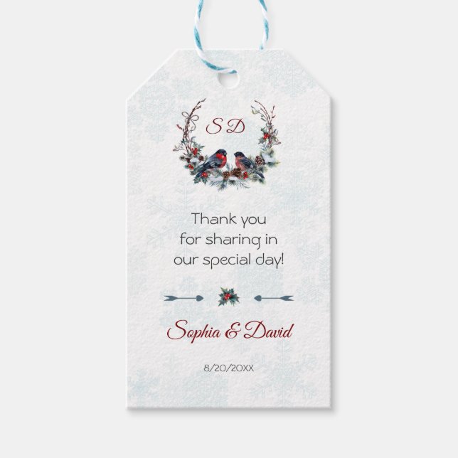 Étiquettes-cadeau Chic Berries Bullfinch Winter Wreath Mariage (Devant)