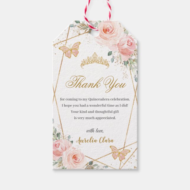 Étiquettes-cadeau Chic Blush Floral Papillons Quinceanera Favoriser (Devant)