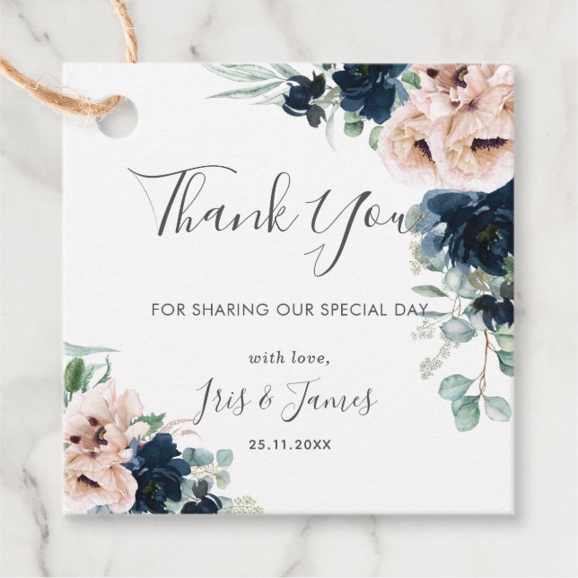 Étiquettes Cadeau Chic Blush Navy Floral Greenery Mariage Merci (Devant)