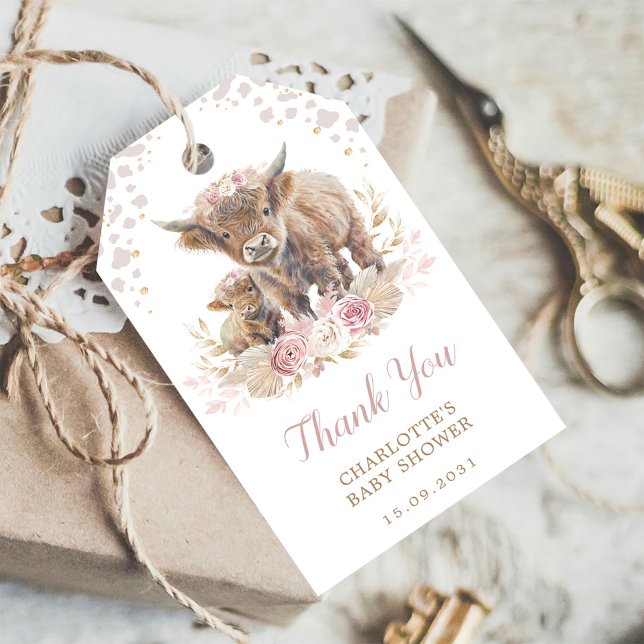 Étiquettes-cadeau Chic Dusty Rose Boho Highland Cow Girl Baby shower (Créateur téléchargé)