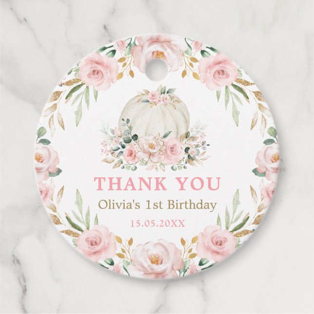 Étiquettes Cadeau Chic fille Citrouille Anniversaire Fleurs d'or ros (Devant)