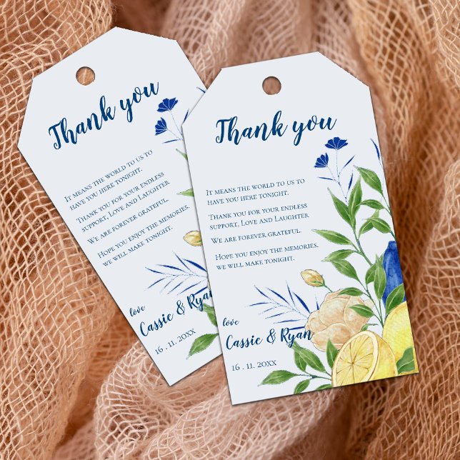 Étiquettes-cadeau Chic Floral Citrus Mariage Merci Message (Chic Floral Lemon Citrus Wedding Thank you Message Gift Tags)