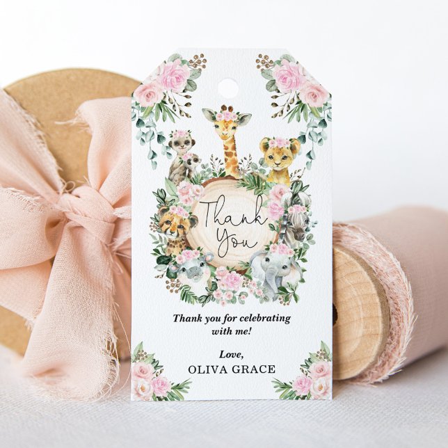 Étiquettes-cadeau Chic Jungle Safari Animaux Blush Floral Baby Girl (Créateur téléchargé)