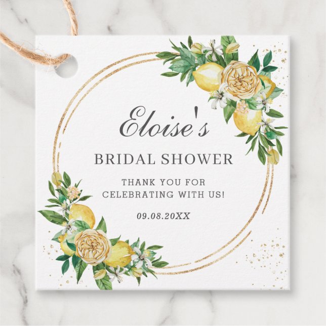 Étiquettes Cadeau Chic Lemon Floral Fête des mariées Merci (Devant)