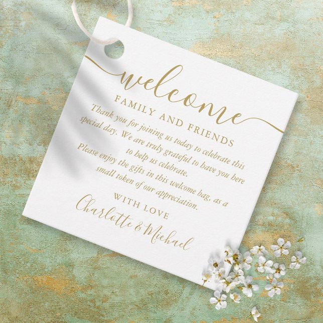 Étiquettes Cadeau Chic Mariage de script or Bienvenue Panier cadeau  (Créateur téléchargé)