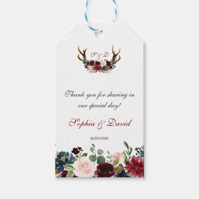 Étiquettes-cadeau Chic Merlot Navy Blue Floral Antlers Mariage (Devant)