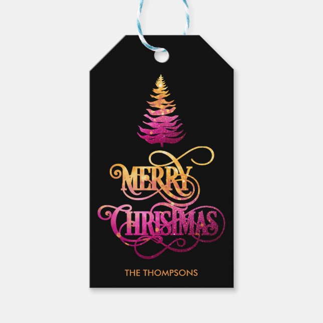 Étiquettes-cadeau Chic moderne Parties scintillant pin arbre joyeux  (Devant)