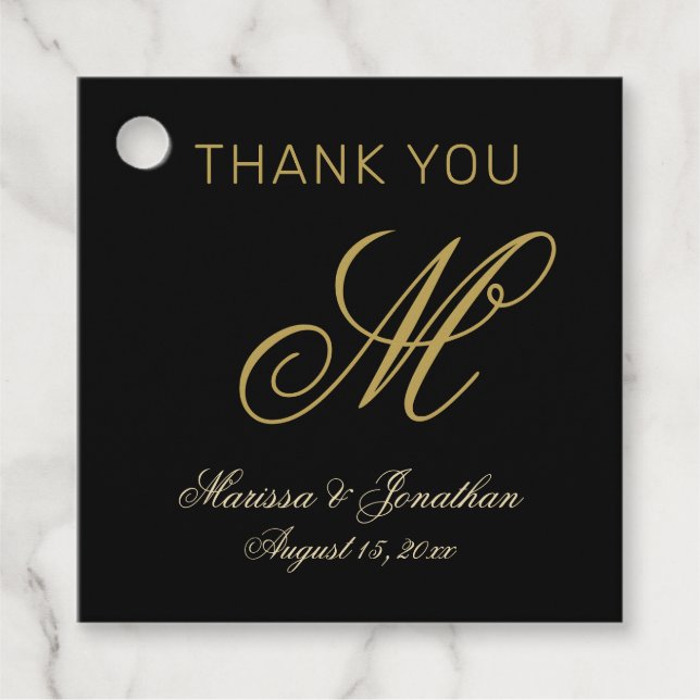 Étiquettes Cadeau Chic or Monogramme Script Mariage noir Merci (Devant)