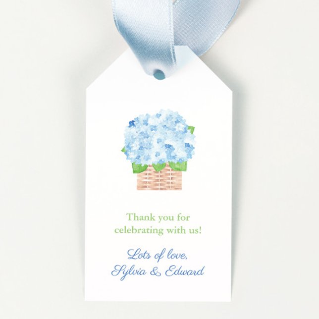 Étiquettes-cadeau Chic Panier Hydrangea Wedding shower été printemps (Coastal Grandma Watercolor blue hydrangeas in wicker basket favor tags)