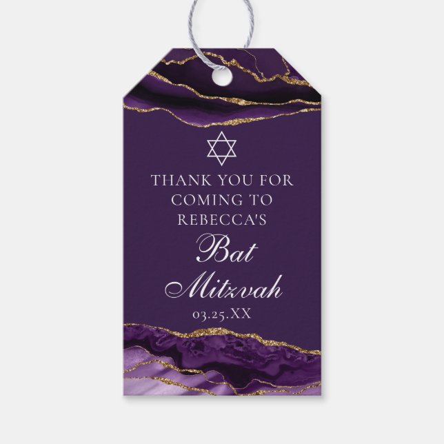 Étiquettes-cadeau Chic Personnalisé Purple Gold Bat mitzvah Party (Devant)