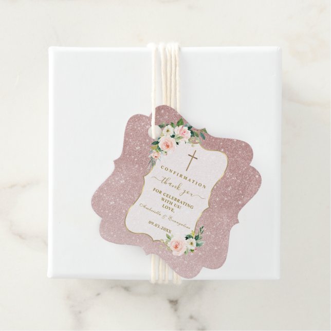 Étiquettes Cadeau Chic rose Fleurs blanches Confirmation Gold Girl (En situation)