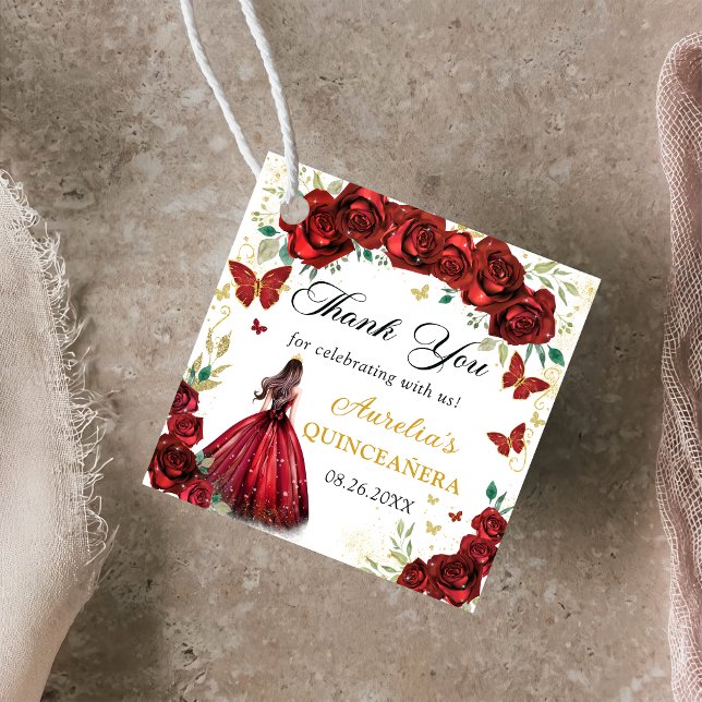 Étiquettes Cadeau Chic Roses Rouges Floral Quinceañera Princesse (Créateur téléchargé)