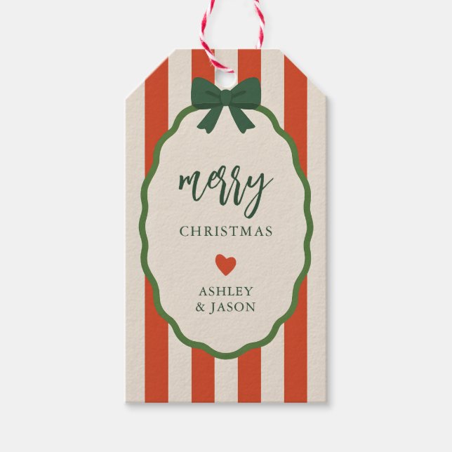 Étiquettes-cadeau Chic Striped Red & Green Retro Merry Christmas (Devant)