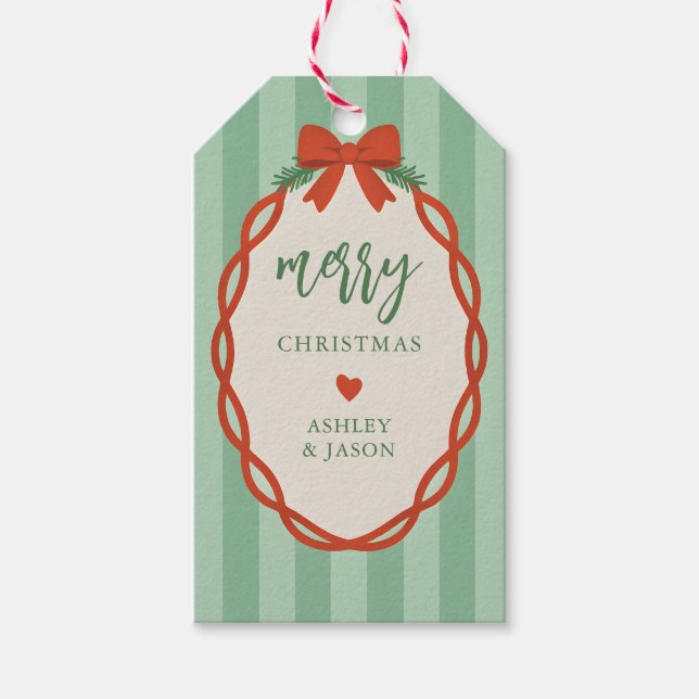 Étiquettes-cadeau Chic Striped Red & Green Retro Merry Christmas (Devant)
