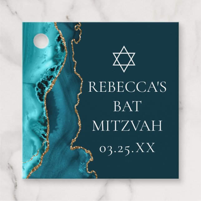 Étiquettes Cadeau Chic Turquoise Gold Agate Bat mitzvah Party (Devant)