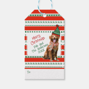 Étiquettes-cadeau Chien amusant dans Elf Casquette & Écarf Rouge Ver