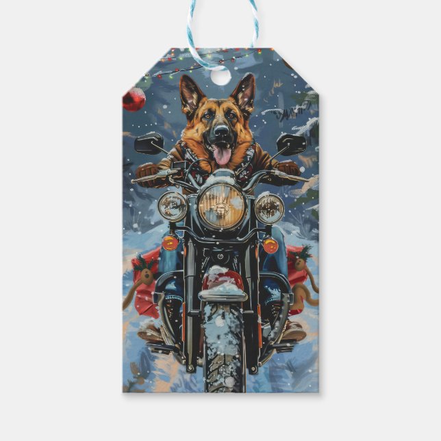 Étiquettes-cadeau Chien berger allemand équitation moto Noël (Devant)