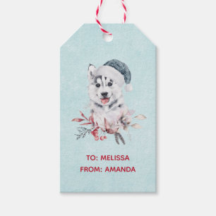 Étiquettes-cadeau Chien de Noël Husky dans un chapeau de Père Noël